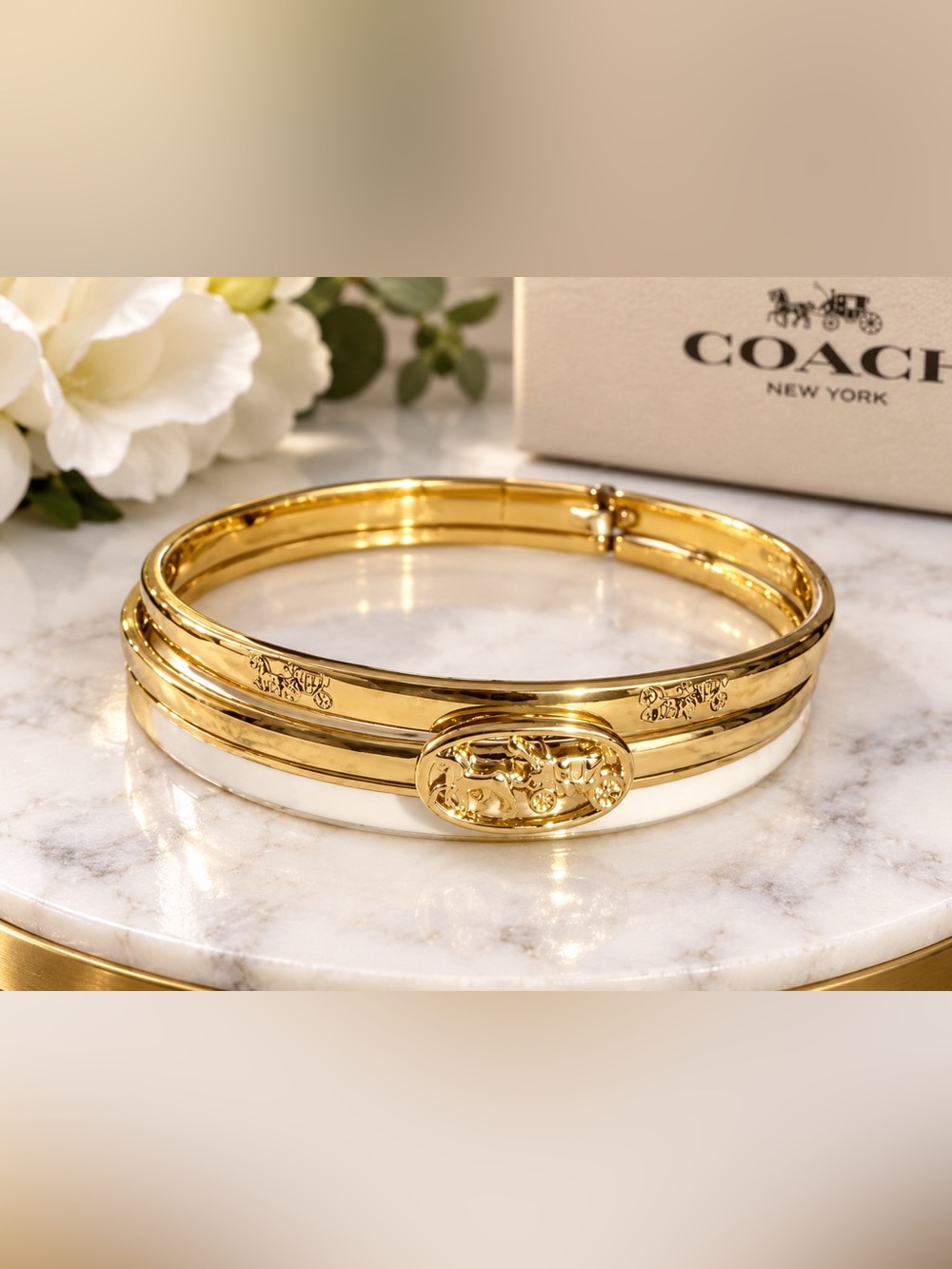 Coach Set of 3 Gold and White Enamel Bangle Bracelets